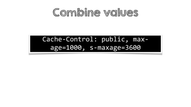 Combine values
Cache-Control: public, max-
age=1000, s-maxage=3600
