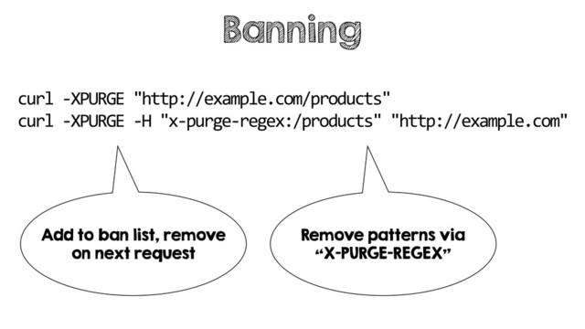 Banning
curl -XPURGE "http://example.com/products"
curl -XPURGE -H "x-purge-regex:/products" "http://example.com"
Add to ban list, remove
on next request
Remove patterns via
“X-PURGE-REGEX”
