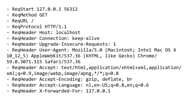 - ReqStart 127.0.0.1 56312
- ReqMethod GET
- ReqURL /
- ReqProtocol HTTP/1.1
- ReqHeader Host: localhost
- ReqHeader Connection: keep-alive
- ReqHeader Upgrade-Insecure-Requests: 1
- ReqHeader User-Agent: Mozilla/5.0 (Macintosh; Intel Mac OS X
10_12_5) AppleWebKit/537.36 (KHTML, like Gecko) Chrome/
59.0.3071.115 Safari/537.36
- ReqHeader Accept: text/html,application/xhtml+xml,application/
xml;q=0.9,image/webp,image/apng,*/*;q=0.8
- ReqHeader Accept-Encoding: gzip, deflate, br
- ReqHeader Accept-Language: nl,en-US;q=0.8,en;q=0.6
- ReqHeader X-Forwarded-For: 127.0.0.1
