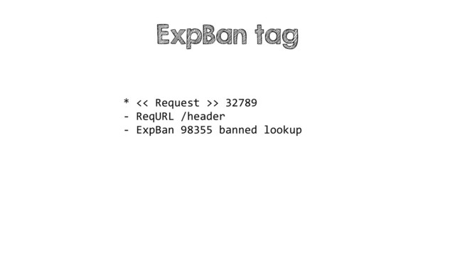 * << Request >> 32789
- ReqURL /header
- ExpBan 98355 banned lookup
ExpBan tag
