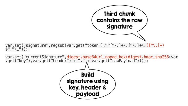 var.set("signature",regsub(var.get("token"),"^[^\.]+\.[^\.]+\.([^\.]+)
$","\1"));
var.set("currentSignature",digest.base64url_nopad_hex(digest.hmac_sha256(var
.get("key"),var.get("header") + "." + var.get("rawPayload"))));
Third chunk
contains the raw
signature
Build
signature using
key, header &
payload
