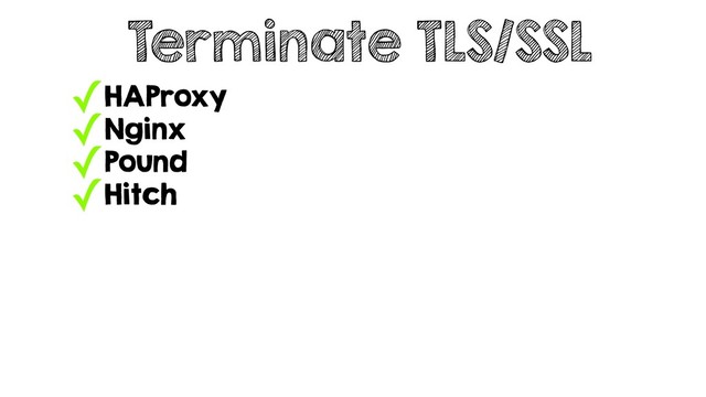 ✓HAProxy
✓Nginx
✓Pound
✓Hitch
Terminate TLS/SSL
