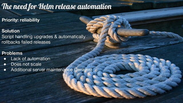 The need for Helm release automation
Priority: reliability
Solution
Script handling upgrades & automatically
rollbacks failed releases
Problems
● Lack of automation
● Does not scale
● Additional server maintenance (Jenkins)
