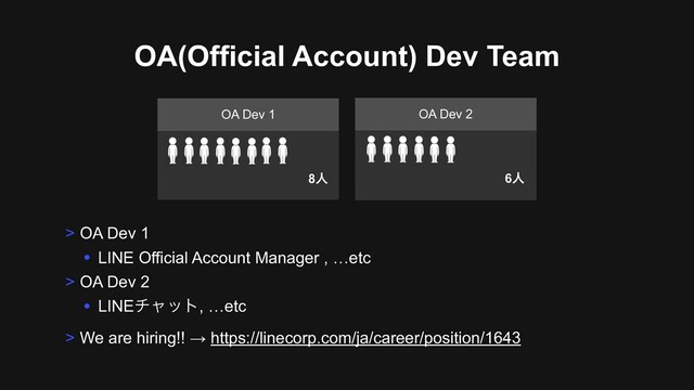 OA Dev 1 OA Dev 2
OA(Official Account) Dev Team
> OA Dev 1
• LINE Official Account Manager , …etc
> OA Dev 2
• LINEνϟοτ, …etc
> We are hiring!! → https://linecorp.com/ja/career/position/1643
6ਓ
8ਓ
