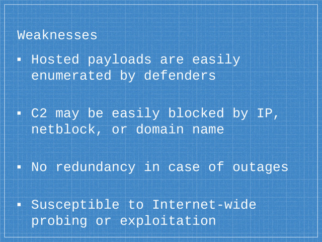 Weaknesses
▪ Hosted payloads are easily
enumerated by defenders
▪ C2 may be easily blocked by IP,
netblock, or domain name
▪ No redundancy in case of outages
▪ Susceptible to Internet-wide
probing or exploitation

