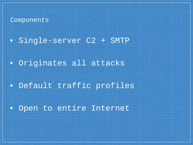 Components
▪ Single-server C2 + SMTP
▪ Originates all attacks
▪ Default traffic profiles
▪ Open to entire Internet
