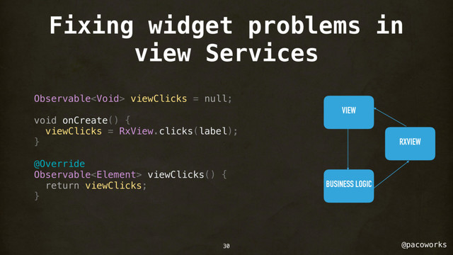 @pacoworks
Fixing widget problems in
view Services
Observable viewClicks = null;
void onCreate() {
viewClicks = RxView.clicks(label);
}
@Override
Observable viewClicks() {
return viewClicks;
}
VIEW
RXVIEW
BUSINESS LOGIC
30
