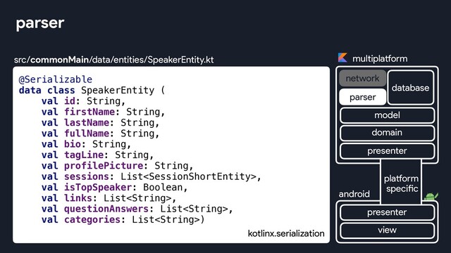 kotlinx.serialization
src/commonMain/data/entities/SpeakerEntity.kt multiplatform
network
database
android
parser
view
platform
specific
presenter
presenter
domain
model
parser
@Serializable
data class SpeakerEntity (
val id: String,
val firstName: String,
val lastName: String,
val fullName: String,
val bio: String,
val tagLine: String,
val profilePicture: String,
val sessions: List,
val isTopSpeaker: Boolean,
val links: List,
val questionAnswers: List,
val categories: List)
