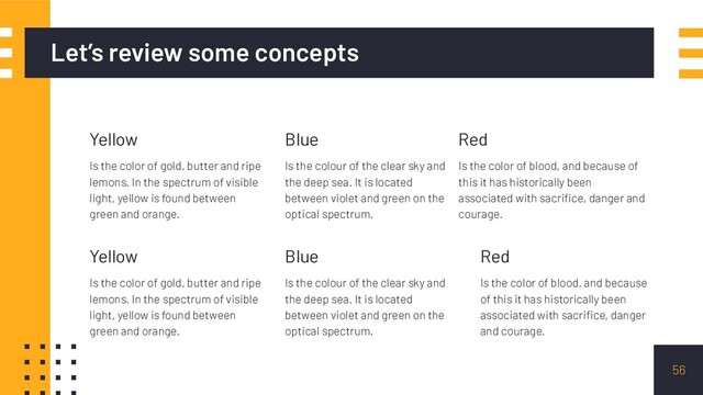 Let’s review some concepts
Yellow
Is the color of gold, butter and ripe
lemons. In the spectrum of visible
light, yellow is found between
green and orange.
Blue
Is the colour of the clear sky and
the deep sea. It is located
between violet and green on the
optical spectrum.
Red
Is the color of blood, and because of
this it has historically been
associated with sacriﬁce, danger and
courage.
56
Yellow
Is the color of gold, butter and ripe
lemons. In the spectrum of visible
light, yellow is found between
green and orange.
Blue
Is the colour of the clear sky and
the deep sea. It is located
between violet and green on the
optical spectrum.
Red
Is the color of blood, and because
of this it has historically been
associated with sacriﬁce, danger
and courage.
