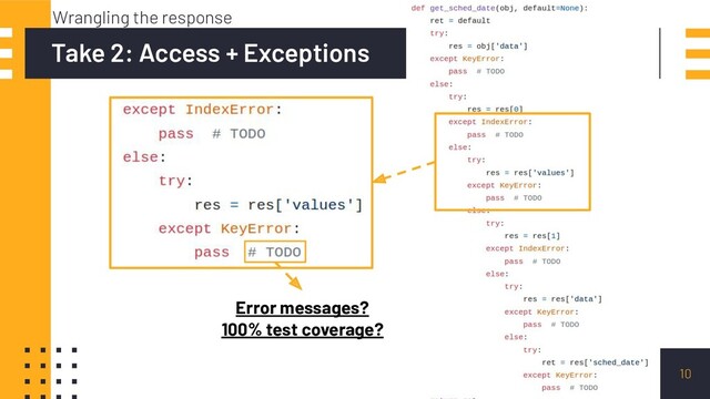 10
Take 2: Access + Exceptions
Wrangling the response
Error messages?
100% test coverage?
