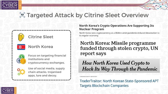 ☠️ Targeted Attack by Citrine Sleet Overview
Citrine Sleet
North Korea
Focus on targeting financial
institutions and
cryptocurrency exchanges.
Use of social media, supply
chain attacks, trojanised
apps, lure and decoy.
