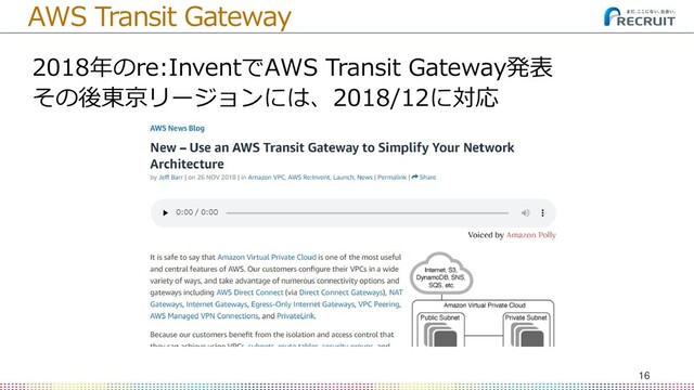 16
(C) Recruit □□□□□□□□ Co., Ltd. All rights reserved.
AWS Transit Gateway
2018年のre:InventでAWS Transit Gateway発表
その後東京リージョンには、2018/12に対応
