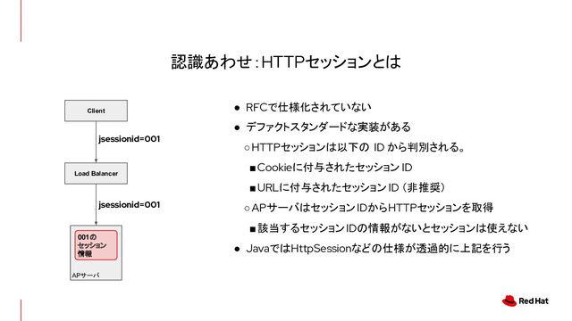 認識あわせ：HTTPセッションとは
● RFCで仕様化されていない
● デファクトスタンダードな実装がある
○HTTPセッションは以下の ID から判別される。
■Cookieに付与されたセッション ID
■URLに付与されたセッション ID （非推奨）
○APサーバはセッションIDからHTTPセッションを取得
■該当するセッションIDの情報がないとセッションは使えない
● JavaではHttpSessionなどの仕様が透過的に上記を行う
APサーバ
Load Balancer
Client
jsessionid=001
jsessionid=001
001の
セッション
情報
