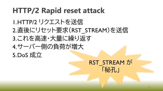 HTTP/2 Rapid reset attack
1.HTTP/2 リクエストを送信
2.直後にリセット要求（RST_STREAM）を送信
3.これを高速・大量に繰り返す
4.サーバー側の負荷が増大
5.DoS 成立
23
RST_STREAM が
「秘孔」
