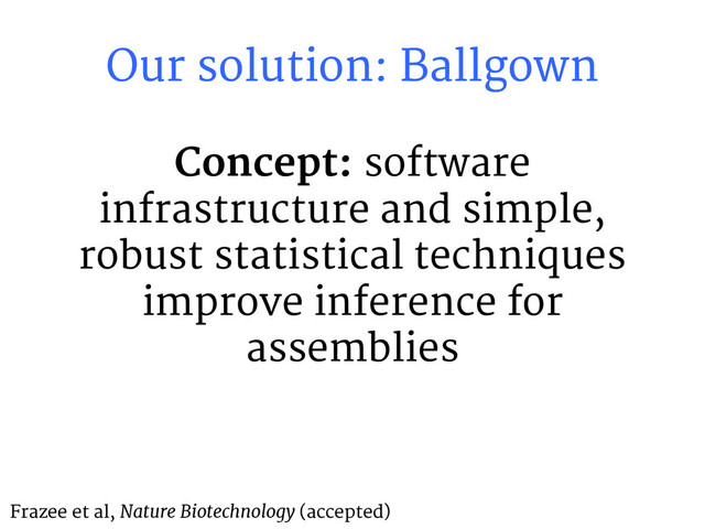 Concept: software
infrastructure and simple,
robust statistical techniques
improve inference for
assemblies
Our solution: Ballgown
Frazee et al, Nature Biotechnology (accepted)

