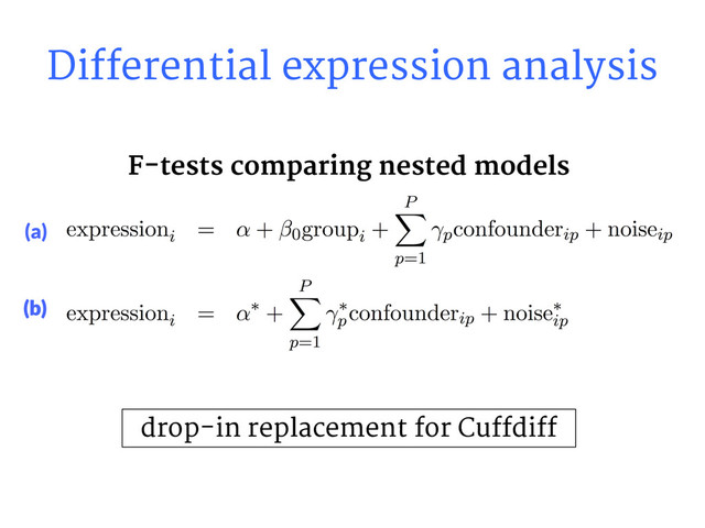 Differential expression analysis
drop-in replacement for Cuffdiff
F-tests comparing nested models
