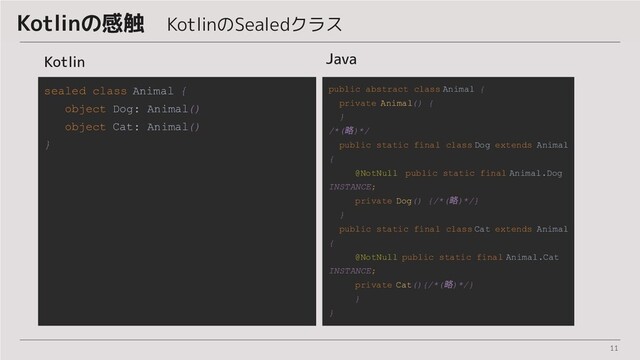 11
Kotlinの感触　KotlinのSealedクラス
public abstract class Animal {
private Animal() {
}
/*(略)*/
public static final class Dog extends Animal
{
@NotNull　public static final Animal.Dog
INSTANCE;
private Dog() {/*(略)*/}
}
public static final class Cat extends Animal
{
@NotNull public static final Animal.Cat
INSTANCE;
private Cat(){/*(略)*/}
}
}
sealed class Animal {
object Dog: Animal()
object Cat: Animal()
}
Java
Kotlin
