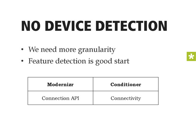 NO DEVICE DETECTION
•  We need more granularity
•  Feature detection is good start
Modernizr Conditioner
Connection API Connectivity
