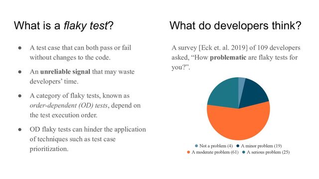 What is a flaky test? What do developers think?
● A test case that can both pass or fail
without changes to the code.
● An unreliable signal that may waste
developers’ time.
● A category of flaky tests, known as
order-dependent (OD) tests, depend on
the test execution order.
● OD flaky tests can hinder the application
of techniques such as test case
prioritization.
A survey [Eck et. al. 2019] of 109 developers
asked, “How problematic are flaky tests for
you?”.
