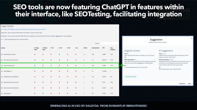 EMBRACING AI IN SEO BY @ALEYDA FROM @ORAINTI AT #BRIGHTONSEO
SEO tools are now featuring ChatGPT in features within
their interface, like SEOTesting, facilitating integration
