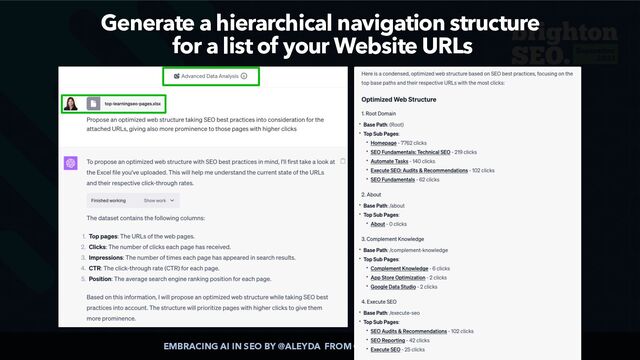 EMBRACING AI IN SEO BY @ALEYDA FROM @ORAINTI AT #BRIGHTONSEO
Generate a hierarchical navigation structure
 
for a list of your Website URLs
