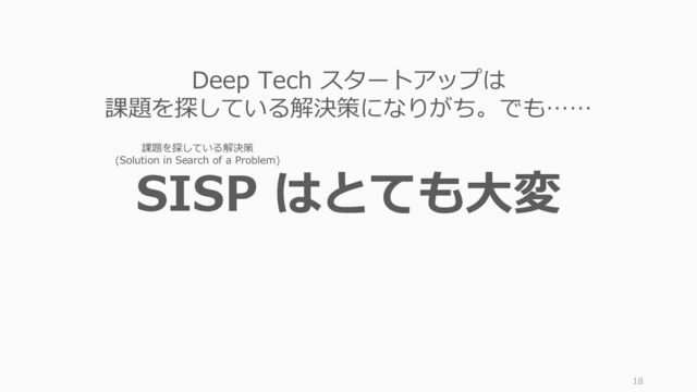 18
SISP はとても大変
課題を探している解決策
(Solution in Search of a Problem)
Deep Tech スタートアップは
課題を探している解決策になりがち。でも……
