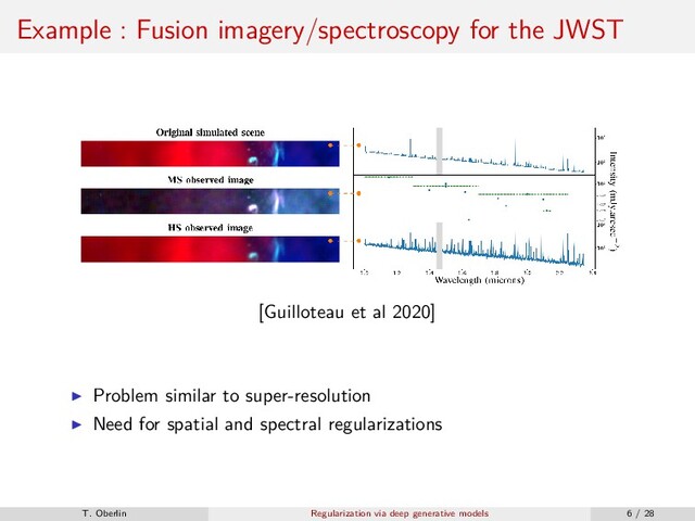 Example : Fusion imagery/spectroscopy for the JWST
[Guilloteau et al 2020]
Problem similar to super-resolution
Need for spatial and spectral regularizations
T. Oberlin Regularization via deep generative models 6 / 28
