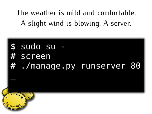 e weather is mild and comfortable.
A slight wind is blowing. A server.
$ sudo su -
# screen
# ./manage.py runserver 80
_
