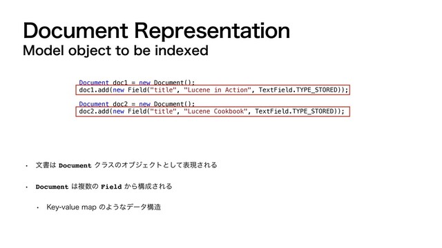 %PDVNFOU3FQSFTFOUBUJPO
w จॻ͸DocumentΫϥεͷΦϒδΣΫτͱͯ͠දݱ͞ΕΔ
w Document͸ෳ਺ͷField͔Βߏ੒͞ΕΔ
w ,FZWBMVFNBQͷΑ͏ͳσʔλߏ଄
Document doc1 = new Document();


doc1.add(new Field("title", "Lucene in Action", TextField.TYPE_STORED));


Document doc2 = new Document();


doc2.add(new Field("title", "Lucene Cookbook", TextField.TYPE_STORED));
.PEFMPCKFDUUPCFJOEFYFE
