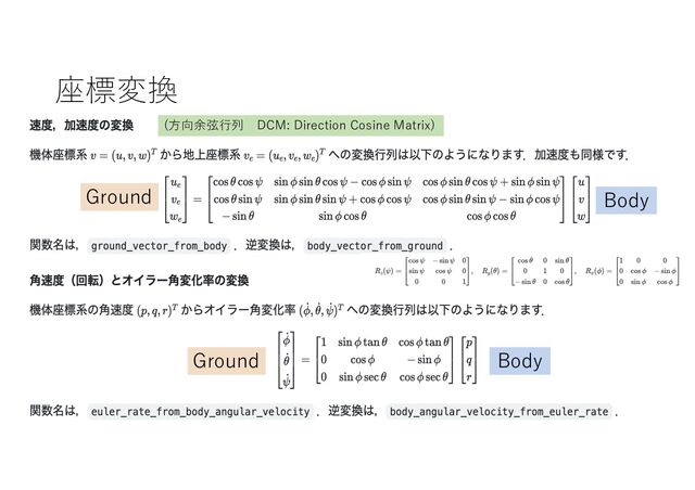 座標変換
Ground Body
Ground Body
(⽅向余弦⾏列 DCM: Direction Cosine Matrix)
