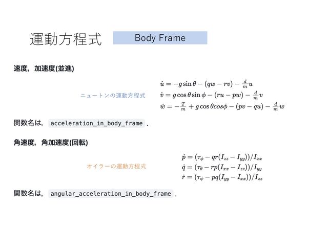 運動⽅程式 Body Frame
ニュートンの運動⽅程式
オイラーの運動⽅程式
