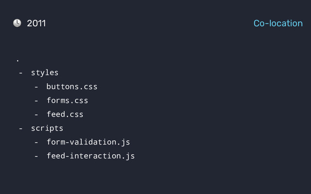 .
- styles
- buttons.css
- forms.css
- feed.css
- scripts
- form-validation.js
- feed-interaction.js
2011 Co-location
