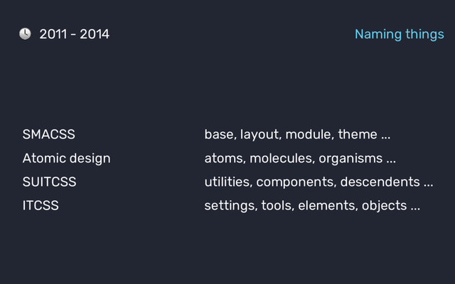 SMACSS base, layout, module, theme ...
Atomic design atoms, molecules, organisms ...
SUITCSS utilities, components, descendents ...
ITCSS settings, tools, elements, objects ...
2011 - 2014 Naming things
