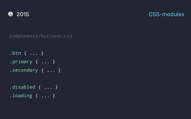 components/buttons.css
.btn { ... }
.primary { ... }
.secondary { ... }
.disabled { ... }
.loading { ... }
2015 CSS-modules
