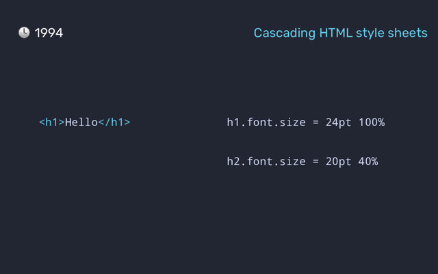 h1.font.size = 24pt 100%
h2.font.size = 20pt 40%
<h1>Hello</h1>
1994 Cascading HTML style sheets
