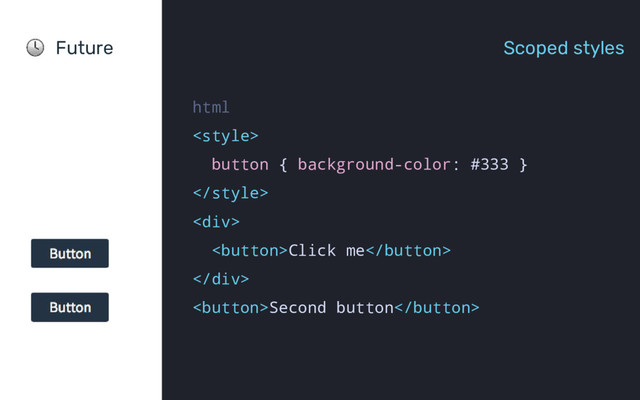 Future Scoped styles
html

button { background-color: #333 }

<div>
Click me
</div>
Second button
