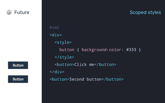 Future Scoped styles
html
<div>

button { background-color: #333 }

Click me
</div>
Second button
