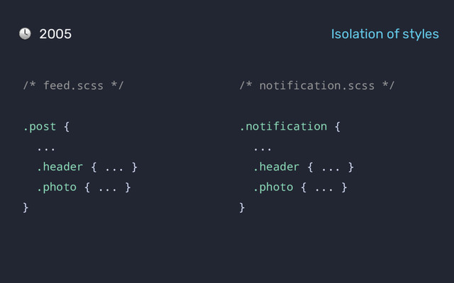 /* feed.scss */
.post {
...
.header { ... }
.photo { ... }
}
2005 Isolation of styles
/* notification.scss */
.notification {
...
.header { ... }
.photo { ... }
}
