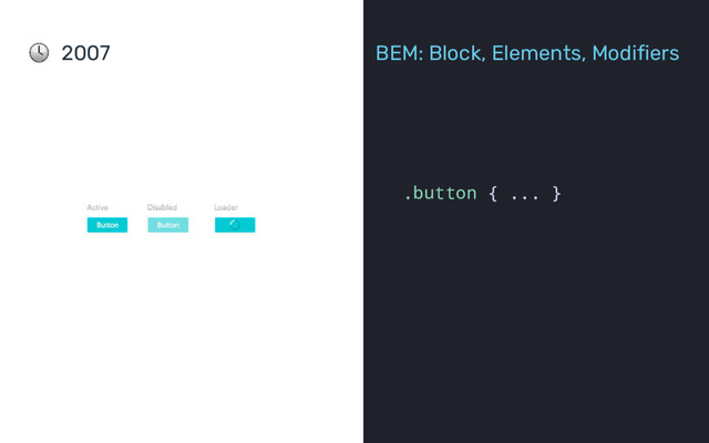 2007 BEM: Block, Elements, Modifiers
.button { ... }
