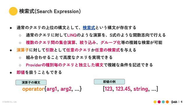 © DeNA Co., Ltd. 6
検索式(Search Expression)
● 通常のクエリの上位の構文として、検索式という構文が存在する
○ 通常のクエリに対してLINQのような演算を、S式のような関数志向で行える
○ 複数のクエリ間の集合演算、絞り込み、グループ化等の複雑な検索が可能
● 演算子に対して引数として任意のクエリか任意の検索式を与える
○ 組み合わせることで高度なクエリを実現できる
○ Providerの種別毎のクエリと独立した構文で複雑な条件を記述できる
● 即値を扱うこともできる
operator{arg1, arg2, …}
演算子の構文
[123, 123.45, string, …]
即値の例
