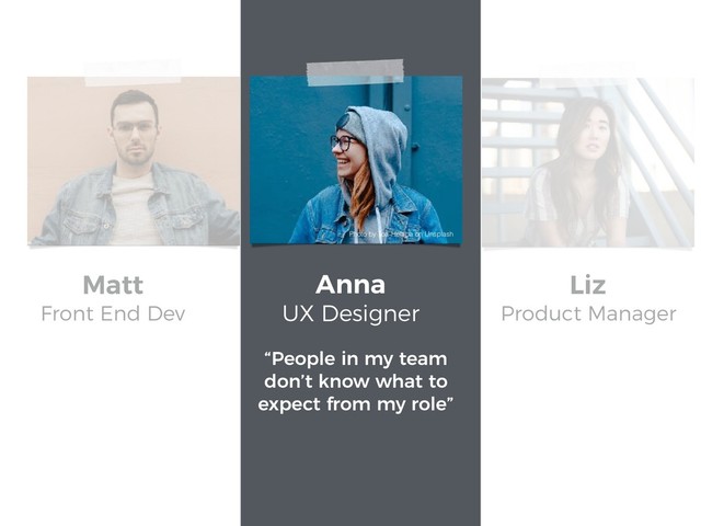 “People in my team
don’t know what to
expect from my role”
Anna
UX Designer
Matt
Front End Dev
Liz
Product Manager
Photo by Toa-Heftiba on Unsplash
