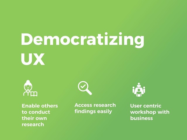 Democratizing
UX
Enable others  
to conduct 
their own
research
Access research  
ﬁndings easily
User centric  
workshop with
business
