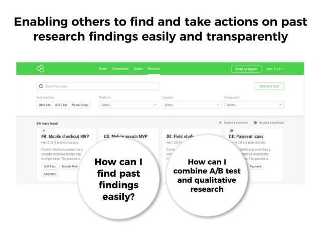 Enabling others to ﬁnd and take actions on past
research ﬁndings easily and transparently
How can I
combine A/B test
and qualitative
research
How can I
ﬁnd past
ﬁndings
easily?
