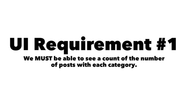 UI Requirement #1
We MUST be able to see a count of the number
of posts with each category.
