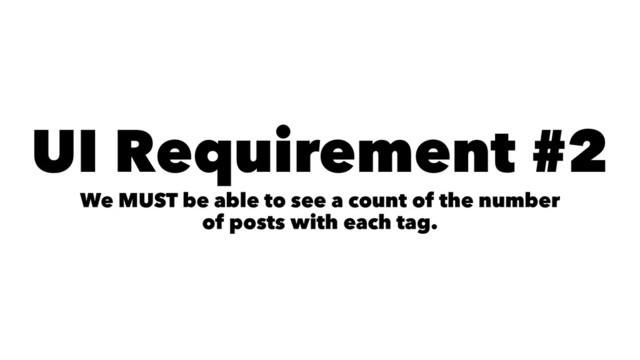 UI Requirement #2
We MUST be able to see a count of the number
of posts with each tag.
