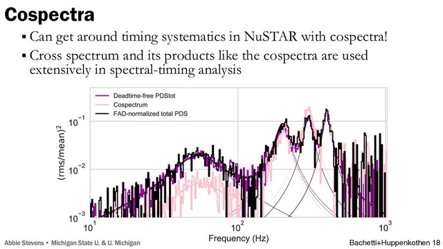 § Can get around timing systematics in NuSTAR with cospectra!
§ Cross spectrum and its products like the cospectra are used
extensively in spectral-timing analysis
Huppenkothen+Bachetti 18
Bachetti+Huppenkothen 18
Cospectra
Abbie Stevens • Michigan State U. & U. Michigan
