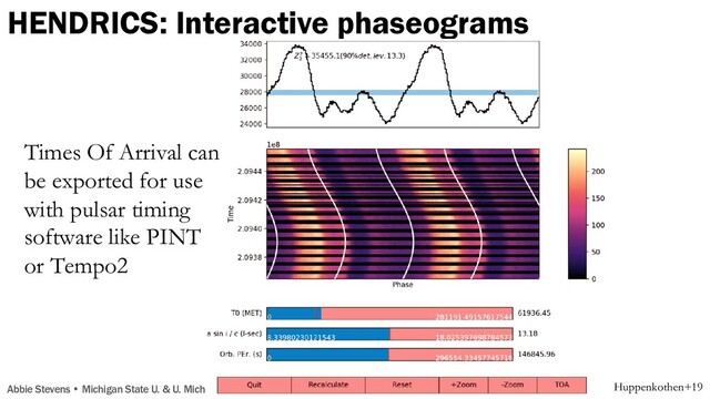 HENDRICS: Interactive phaseograms
Abbie Stevens • Michigan State U. & U. Michigan
null 2019 APJ 881 39 doi:10.3847/1538-4357/ab258d
http://dx.doi.org/10.3847/1538-4357/ab258d
© 2019. The American Astronomical Society. All rights reserved.
Huppenkothen+19
Times Of Arrival can
be exported for use
with pulsar timing
software like PINT
or Tempo2
