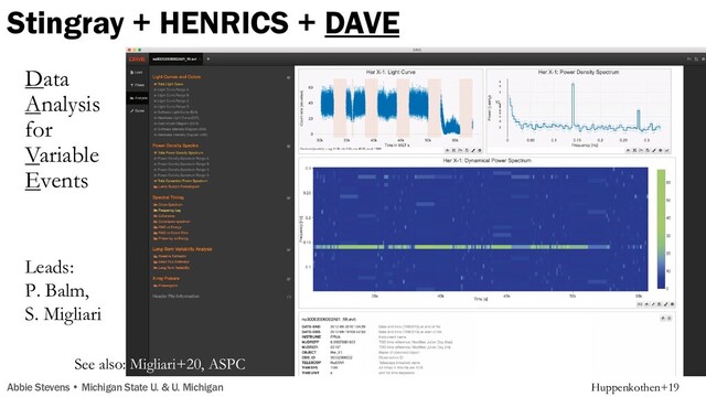 Data
Analysis
for
Variable
Events
Stingray + HENRICS + DAVE
Abbie Stevens • Michigan State U. & U. Michigan
Figure 7. from Stingray: A Modern Python Library for Spectral Timing
null 2019 APJ 881 39 doi:10.3847/1538-4357/ab258d
http://dx.doi.org/10.3847/1538-4357/ab258d
© 2019. The American Astronomical Society. All rights reserved.
Huppenkothen+19
Leads:
P. Balm,
S. Migliari
See also: Migliari+20, ASPC
