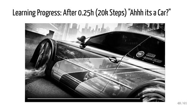 Learning Progress: After 0.25h (20k Steps) "Ahhh its a Car?"
48 / 61
