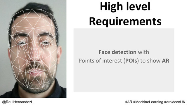 High level
Requirements
@RaulHernandezL #AR #MachineLearning #droidconUK
Face detection with
Points of interest (POIs) to show AR
